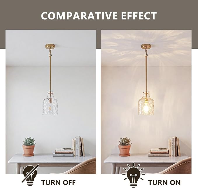 7 Inch Pendant Lights Kitchen Island with Clear Hammered Glass Shade Modern Pendant Light Fixtures Industrial Hanging Ceiling Lights for Kitchen Dining Room Bedroom Entryway, Gold, 1 Pack