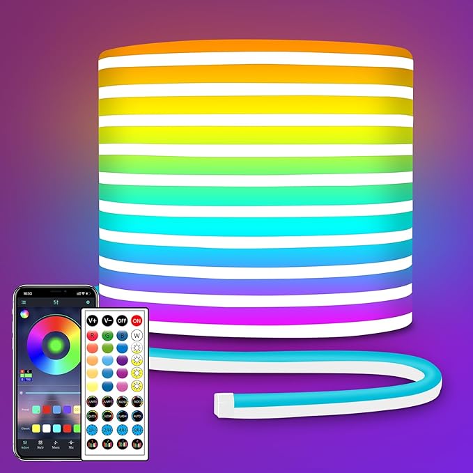 LED Neon Rope Lights 32.8FT,IP65 Waterproof LED Strip Lights, Music Sync LED Lights with Remote and APP Control,24V RGB LED Rope Lights for Bedroom,Holiday Decoration（with Snap &Screws） | Music Sync LED Lights with Remote and APP Control,RGB LED Rope L...