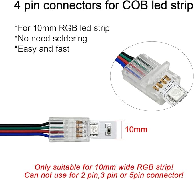 HAMRVL 12 Pack COB Led Strip Light Connectors, 4 Pin, Led Strip to Wire Solderless Transparent Track Lighting Adapter, 6M/19.68ft Led Wire Extension Cable for RGB 5050 Led Tape, 12/24V