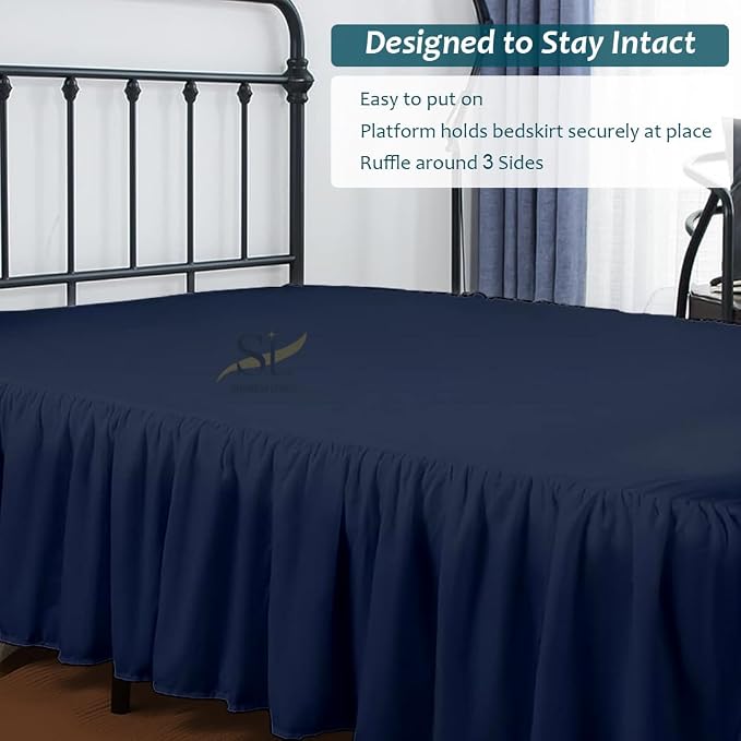 Shreem Linen Ruffled Bed Skirt with Split Corners, Gathered Style, 100% Microfiber, 16-Inch Drop, Dust Ruffle Bedskirt with Platform, Queen, Navy Blue