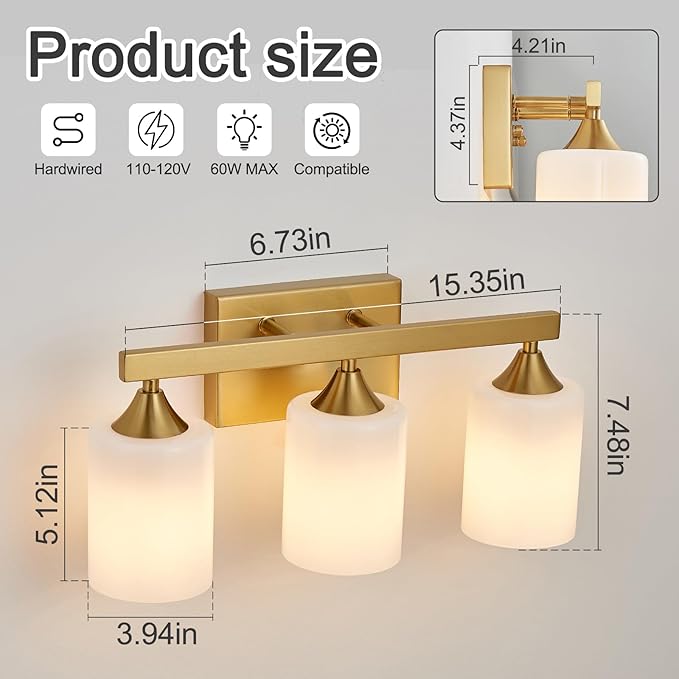 ZHU YAN Bathroom Vanity Lights Over Mirror,Gold Bathroom Light Fixtures 3 Lights，Modern Wall Sconces Milky White Glass Shades for Mirror Living Room Bedroom Standard E26 Base