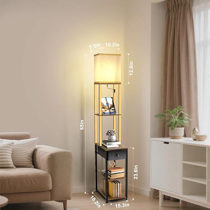 Lightdot Floor Lamp with Shelves&Drawer, Black and Gold Sofa Lamp with Fabric Shade, Display Corner Floor Lamp with Storage Table for Living Room/Bedroom/Sofa Beside/Corner Decor(Bulb Include)