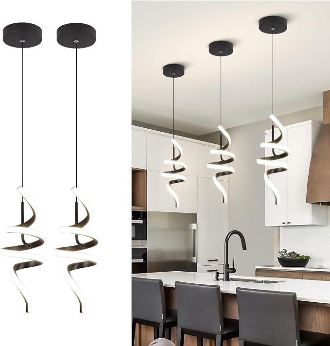 4000K Modern Pendant Light, 15IN Spiral LED Pendant Lights Adjustable Height Black Kitchen Island Fixtures Chandeliers for Dining Room Hanging Lights, 1 Pack (Black,4000K, Hardwired,2PACKS)
