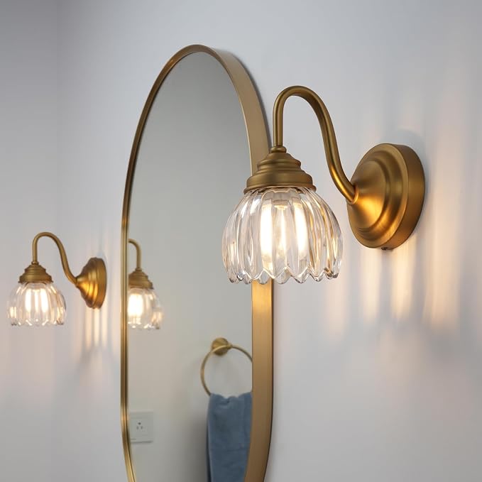 Phansthy Vintage Brass Boho Wall Sconces, Hardwired Wall Lights with Tulip Glass Lampshade, Brass Vanity Lamp Modern Wall Lighting Fixtures for Bedroom, Living Room, Hallway (Antique + Clear Shade)