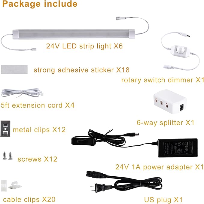 LABOREDUCER LED Under Cabinet Lighting Plug in Warm White 6 Pack,12inches Bar Dimmable Under Cabinet Lights, Under Counter Lights for Kitchen Ultra Slim LED Lights Hardwired Linkable 24V
