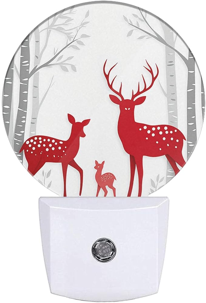 Deer Plug in Night Light Red Christmas Deer Birch Tree Winter Trunk Antler Wildlife Xmas Plug-in Nightlight Auto Sensor LED for Boys Girls Men Women Bedroom Bathroom Decor, LEDLAMP3009