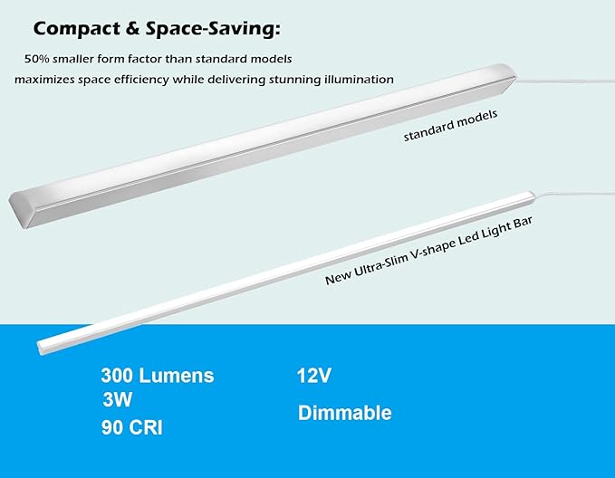 V-Shape Under Cabinet Lighting Kit - 4pcs Sleeker 12" Dimmable LED Light Bars for Showcase Shelf Seamless Illumination - 1200lm, 12W - Pure White (6000K)