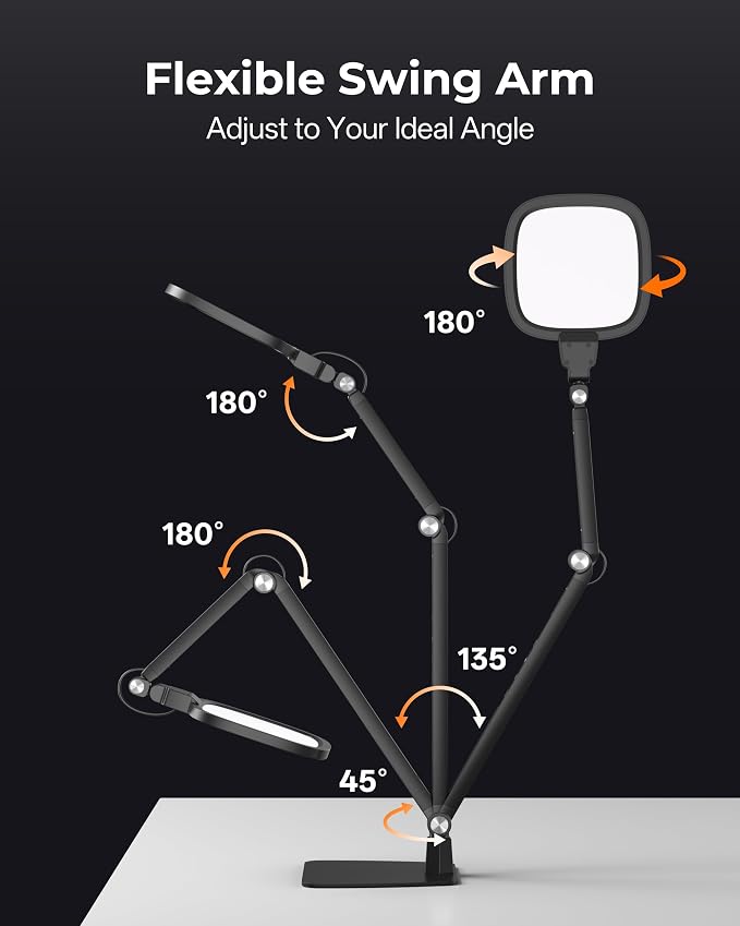 Led Desk Lamp for Office Home, Reading, Crafts & Zoom Swing Arm Task Lights | 1200lm Eye-Caring Light for Computer Monitor, Dimmable 5 Color & Brightness, 30/60 Min Timer, Memory Function, Touch & Remote