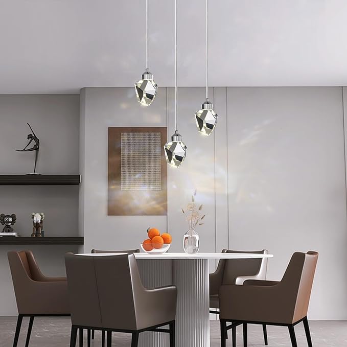 Modern Crystal Pendant Light, 3-Color LED Crystal Pendant Lamp, Adjustable Height Silver Ceiling Hanging Lamp, for Kitchen Island Bedroom Living Room Dining Room Lighting (3-Head Round Base)