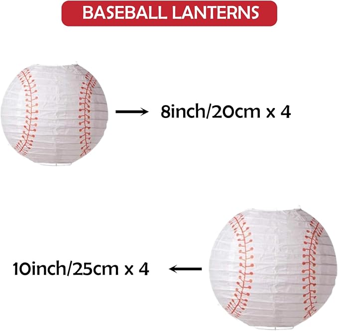 ZOOYOO Baseball Paper Lanterns, 8 Pack Sports Themed Hanging Lanterns for Baseball Birthday Party, Game Day Decorations, Classroom and Sports Nursery Decor, 8 and 10 Inch Round White Lanterns