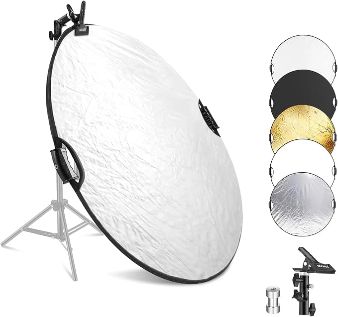 NEEWER 43"/110cm Light Reflector with Clamp & Hand Grips, 5 In 1 Collapsible Multi Disc Photography Reflector Translucent/Silver/Gold/White/Black with 3/8" Thread for Studio Outdoor Lighting, RF-110II | Multi Disc, Photography Reflector, Translucent, S...