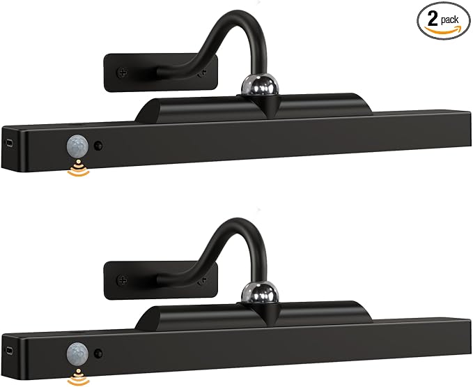 Wireless Picture Light for Wall with Motion Sensor, 12 Inch, Black, 2 Pack | Cordless, Magnetic Detachable Bar, Rechargeable, Remote Control, 3CCT Dimmable, 4400mAh, for Artworks Photos
