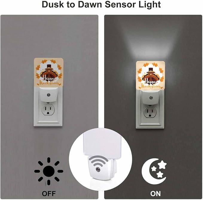 LED Night Light Plug into Wall with Dusk to Dawn Light Sensor White Energy Efficient Happy Thanksgiving Turkey Leaves Nightlight for Bedroom Bathroom Hallway Living Room Kitchen