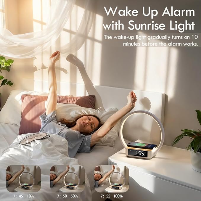 WILIT Bedside Lamp with Alarm Clock,Touch Lamp with Wireless Charger,Nightlight for Bedroom,Sunrise Wake-up Light,3-Grade Dimmable,Birthday Gifts for Her,Women,Men,Mom,Daughter,Girlfriend(Wood Grain)