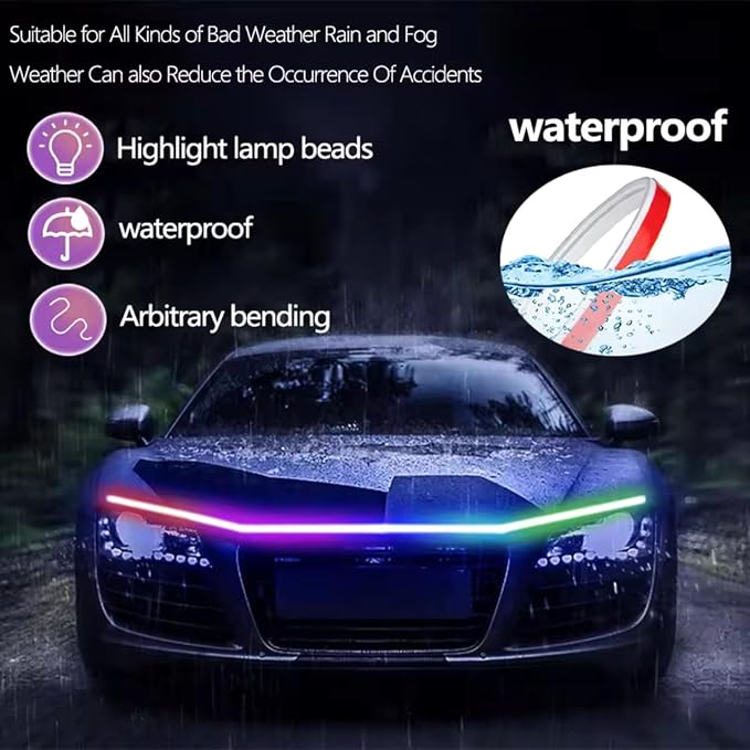 RGB Car LED Hood Light Strip for Cars, SUVs, Trucks, 70 Inches | 12V, Flexible Waterproof, Daytime Running Lights, Dynamic Scan Start-up Effect, with Turn Signal & Remote Control, Universal