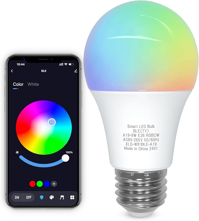 Bluetooth Smart Light Bulb 60 Watt, Dimmable Color Changing, 1 Pack | E26 Lightbulbs 9W A19, RGBCW Multicolor, Music Sync, Timer Schedule Settings (No WiFi Connection)