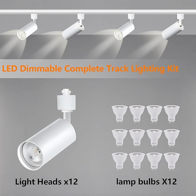 12PCS LED White Track Lighting Heads (No Track Rails) with Replaceable GU10 Bulbs, 6000K Cool White Ceiling Spotlight Fixtures for Accent Lighting for Home, Store, Moblie Cart and Office
