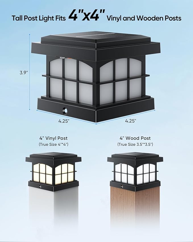 PARTPHONER RGBCW Solar Post Cap Lights 8-Pack, 9 Colors 3 Modes Fence Caps, Bright Solar Outdoor Waterproof LED Deck Lighting for Fence Garden Deck Patio Porch Decor 4x4 Vinyl/Wood, Black