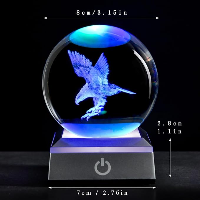 80mm 3D Eagle Crystal Ball with LED Stand, Animal Figurine Decor Glass Sphere Lamp Night Light, Eagle Statue Gifts for Men Women Kids