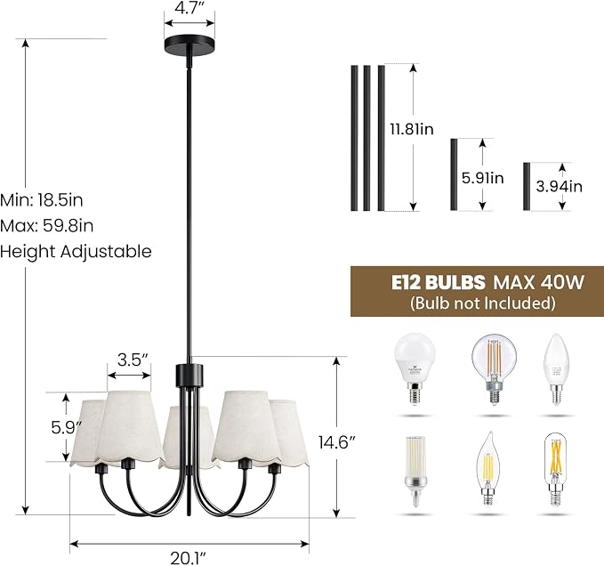 RUIYEY Modern Dining Room Chandelier - 20" 5-Light Black Chandeliers Light Fixture with Fabric Shades, Height Adjustable Mid-Century Pendant Lighting Over Table for Bedroom Living Room Kitchen Island