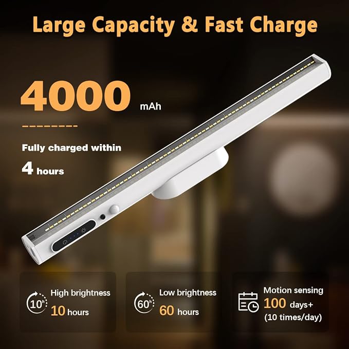 Battery Powered Operated Wall Strip Light with Motion Sensor | LED Light Bar, Rechargeable Magnetic Under Cabinet Lighting Wireless with Remote Control for Desk Mirror Closet White