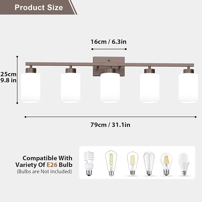IZORRO Modern Bathroom Light Fixtures, 5 Light Oil-Rubbed Bronze Vanity Lights, Bathroom Lighting Fixtures Over Mirror with White Glass for Living Room Cabinet Bedroom