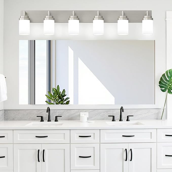 Bathroom Light Fixtures, Brushed Nickel Bathroom Lighting Fixtures Over Mirror, Modern Vanity Light with White Glass Shade, Restroom Lighting Fixtures, 6-Light 46-inch
