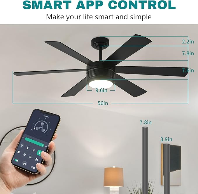 SHOWDI Ceiling Fan with Lights and Remote, 6 Blade App Control Timer Reversible Stepless Brightness and Color Temperature Outdoor Wood Ceiling Fan with Lights (Black, 56 Inch)