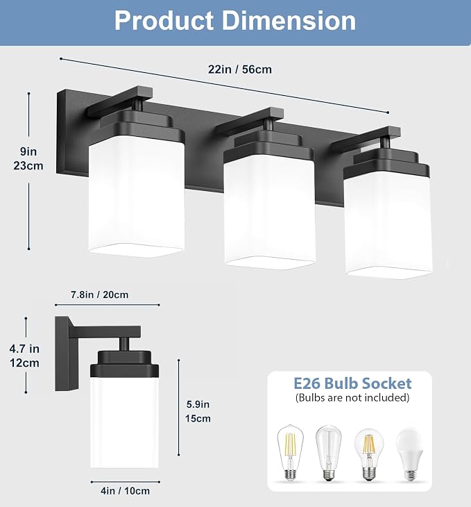 Matte Black Bathroom Light Fixtures, 3 Lights Bathroom Lighting Fixtures Over Mirror, Square Design & Rectangle Large Backplate, Modern Vanity Lighting Fixtures, for Living Room/Bedroom