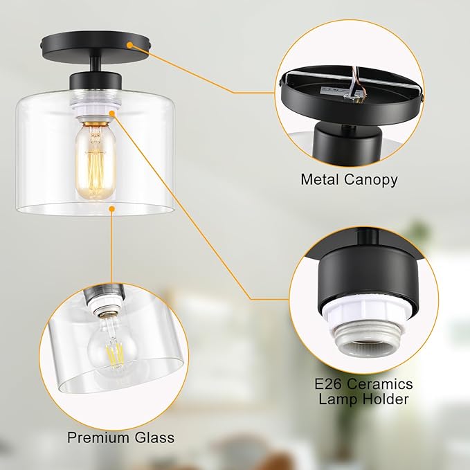 Semi Flush Mount Ceiling Light, Modern Kitchen Lighting Fixtures Ceiling, Rustic Ceiling Light Fixtures, Ceiling Lights with Glass Shade for Hallway Foyer Entryway Bedroom