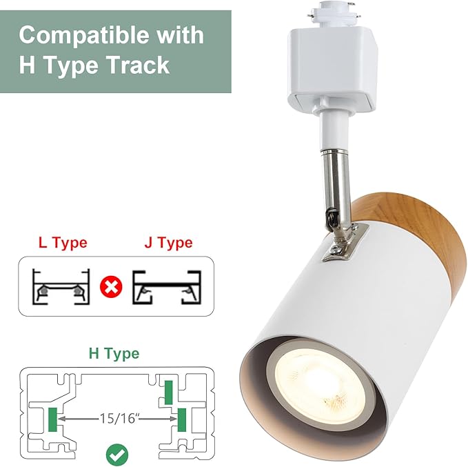 H Type 6 Track Lighting Heads, Natural Solid Wood and Matte White Lampshade Spotlights, Brushed Nickel Swivel Item Kit