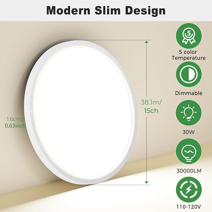 zemty LED Flush Mount Ceiling Light, 15Inch 30W Dimmable Ceiling Lights Fixture, 5 Color Temperatures (3000K-6500K) Black Round Ceiling Lamp for Bedroom, Kitchen, Hallway,Bathroom
