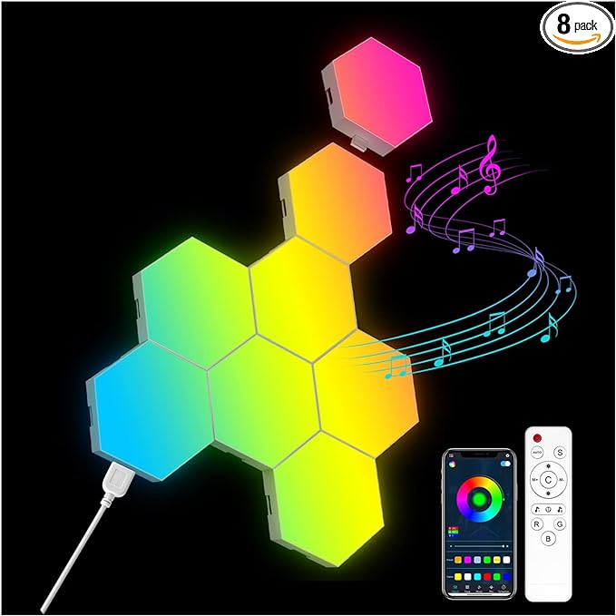 OJQ 8 Pack Hexagon Lights Wall RGB Panel - Hexagonal Led Lights Room Decor Wall Lights Gifts for Men/Women Honeycomb Shape Panels Hexagon Gaming Led Lights for Bedroom Children