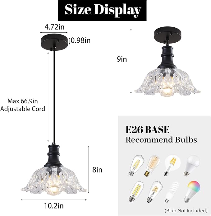 Vintage Pendant Light Fixture, Flower Pendant Light with Glass Shade, Adjustable Height Pendant Light for Kithcen Island, Dining Room, Living Room, Bathroom, Bedroom, Sink