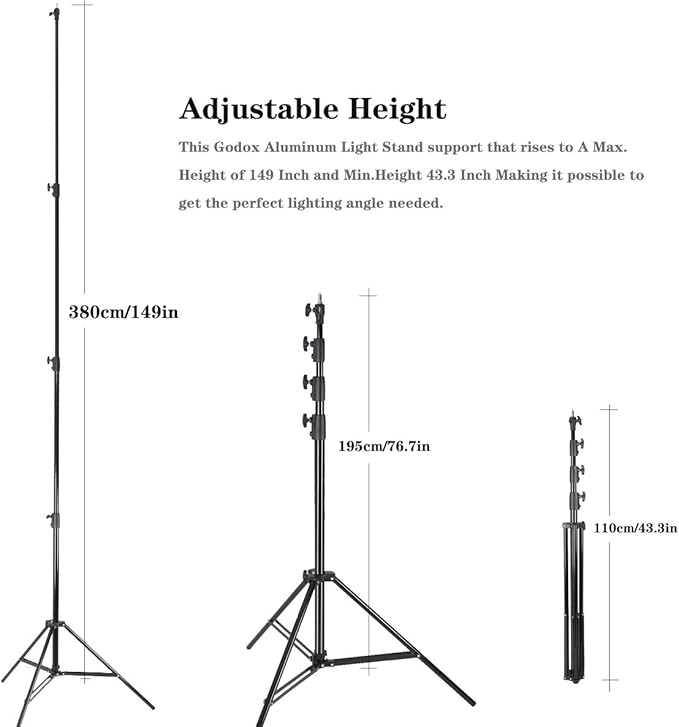Godox 149 Inches Heavy Duty Aluminum Photography Light Tripod Stand for Aputure Ls60W 300D II Godox SL-60W SL-150II FV150 FV200 AD300PRO AD400PRO Studio Photography Lighting