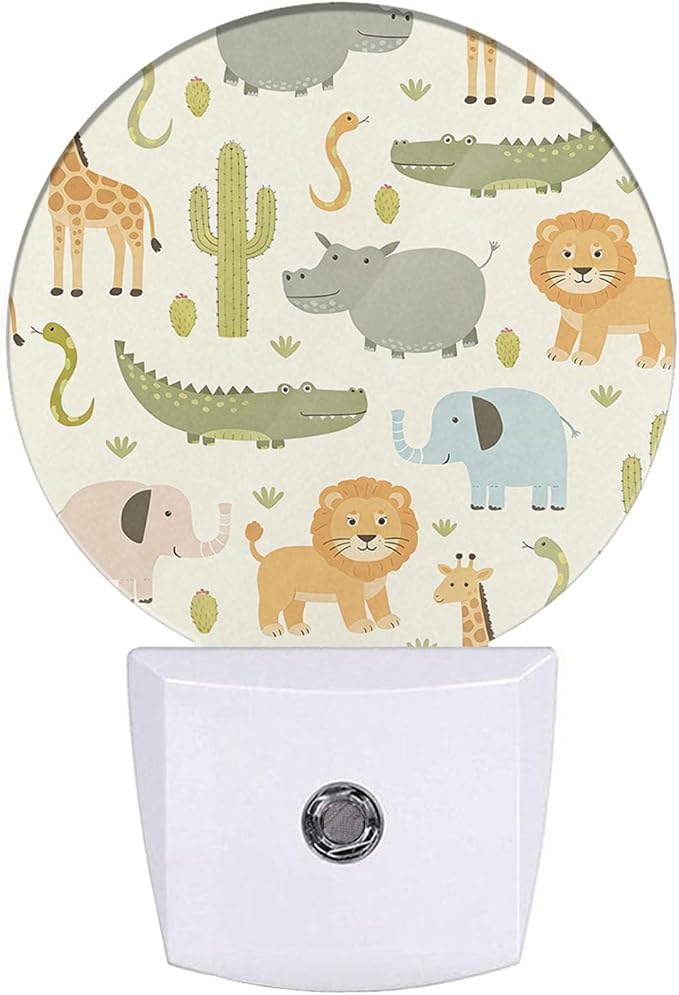 Cartoon Safari Animals Night Lights Plug into Wall Cute Hippo Crocodile Lion Elephant and Giraffe Night Light Auto on/Off LED Lighting Sleep Friendly for Boys Girls