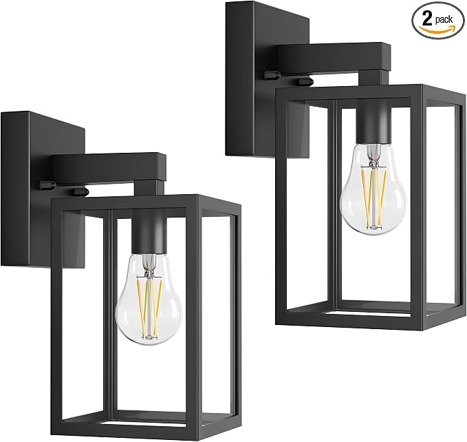 Outdoor Wall Light Fixture, Black Porch Lights, 2 Pack | Waterproof, Anti-Rust, E26 Socket, Exterior Wall Mount Lamps, Front Door Lighting, Outside Patio Sconce Lantern, Garage