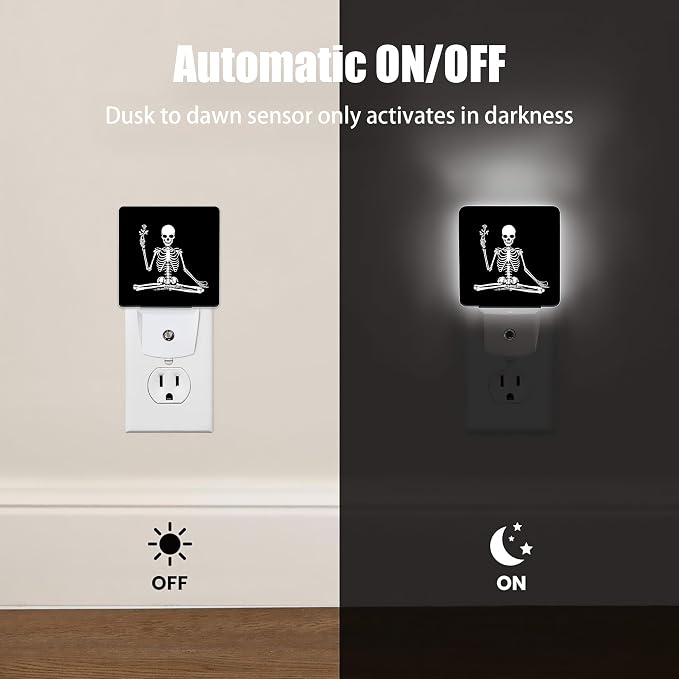 Skeleton Holding Flower Night Light, Dusk to Dawn Smart Sensor Nightlight for Bedroom Bathroom Kitchen Hallway Stairs Hallway, Plug-in, Energy Efficient Decor Desk Lamp Gifts