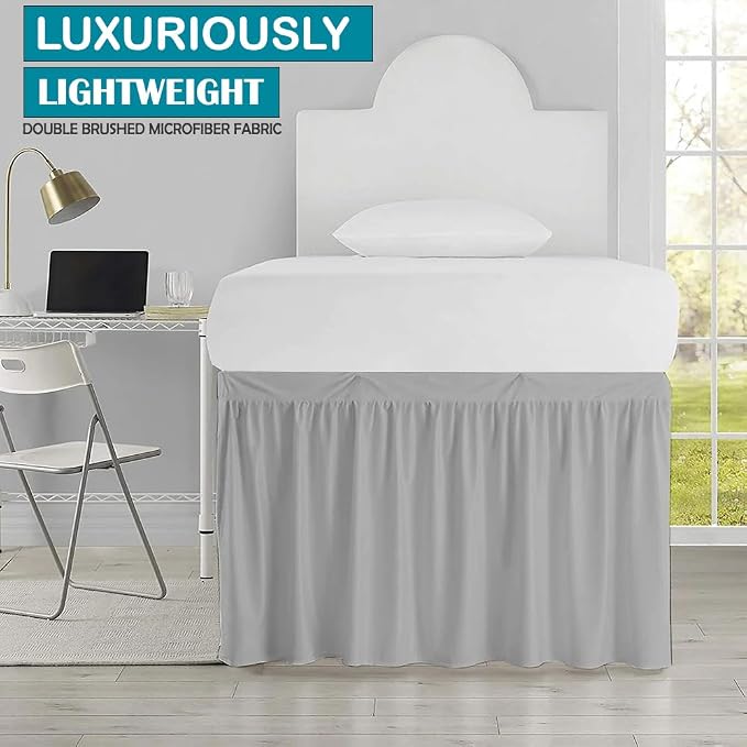 Dorm Bed Skirt, Twin XL, 34" Drop, Light Grey | Soft Microfiber Fabric, College dorm rooms, Hides under-bed storage, Fits 39"x80" Beds, Wrinkle-resistant, Machine Washable