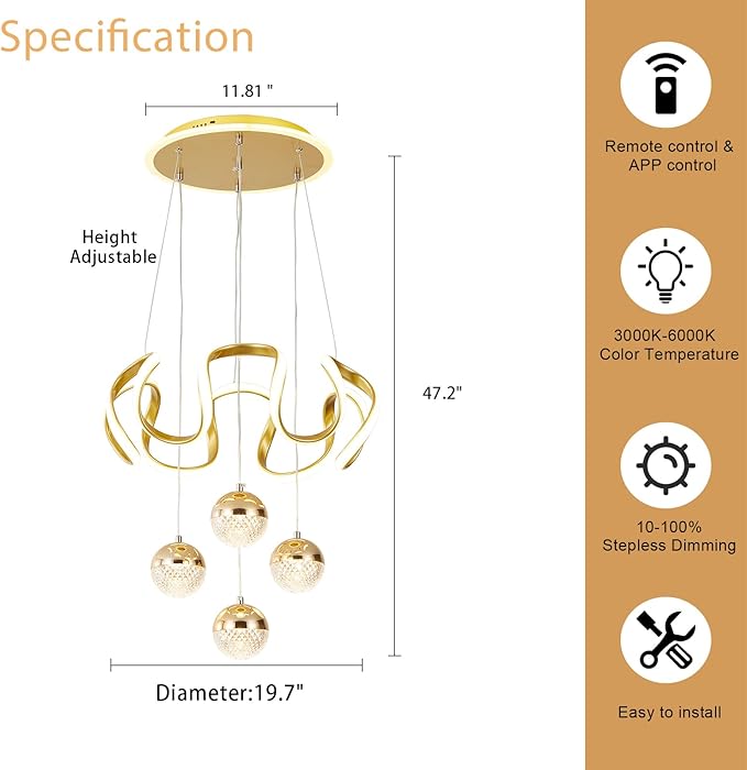 Modern Gold LED Chandeliers, Dimmable LED Pendnat Light Fixture for Kitchen Island Over Table Adjustable Height Modern Chandeliers for Dining Room Kitchen Island Living Room Bedroom