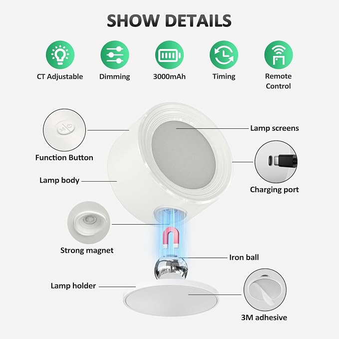 Racokky LED Wall Lights 2 Pcs with Remote, Wall Sconces Lamp 3000mAh Rechargeable Battery Operated, 3 Color Temperatures & Dimmable Magnetic 360° Rotation Cordless Light for Bedroom Reading(White)