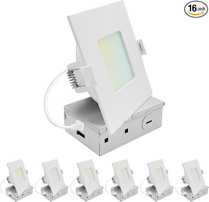 LUXRITE 4 Inch LED Recessed Light, ECO Backlit Mini Panel Spotlight, 5CCT 2700K-5000K, 1000 Lumens, High Output, 11 Watts, Dimmable, IC Rated, Wet Rated, ETL Listed, Energy Star, Square (16 Pack)