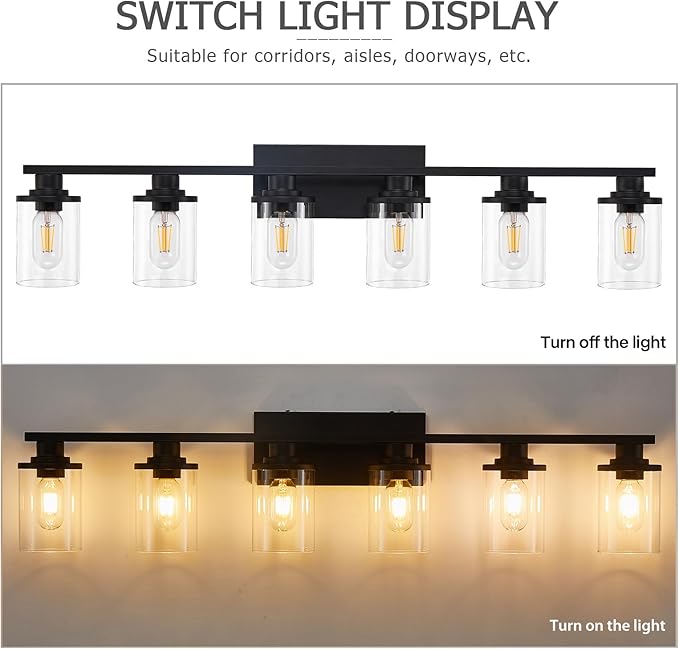 stambord 6 Light Matte Black Bathroom Vanity Light Fixtures with Clear Glass and Metal Base, Black Vanity Lights for Bathroom Over Mirror