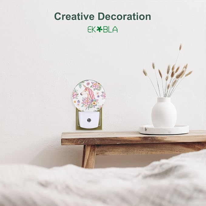 EKOBLA Unicorn Night Light, Pink Unicorn Among Flowers Night Lights Plug Into Wall with Auto On/Off Sensor for Girls Bedroom, Nursery and Indoor Home Decor