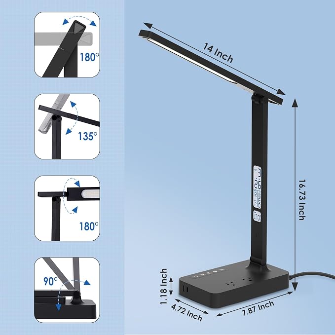 Infiway Desk Lamp with USB Charging Port: LED Stepless Dimmable Eye Caring Desk Light for Home Office - 1 Type-C, 1 USB-A Charging Port, 2 AC Power Outlets, Multiple Light Modes for Study and Bedroom