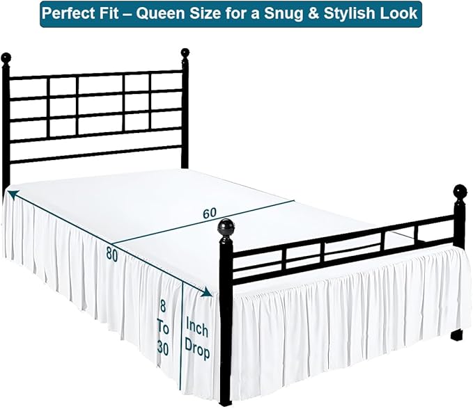 Shreem Linen Ruffled Bed Skirt with Split Corners, Gathered Style, 100% Microfiber, 24-Inch Drop, Dust Ruffle Bedskirt with Platform, Queen, White