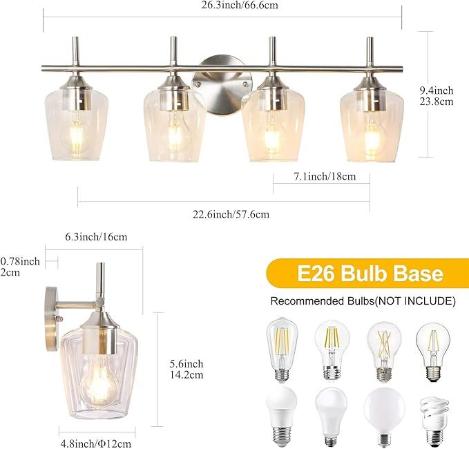 Bathroom Light Fixtures 4-Light Brushed Nickel Bathroom Vanity Light with Clear Glass Shade, Modern Wall Lights for Bedroom Hallway Living Room (Nickel, 4-Light)