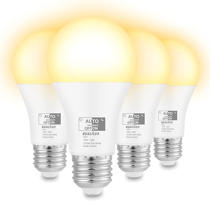 Dusk to Dawn Light Bulbs, Auto On/Off Light Sensing LED Bulbs Outdoor, Soft White, A19 4-Pack, 12W 1000LM 75W Equivalent, HQ-H022