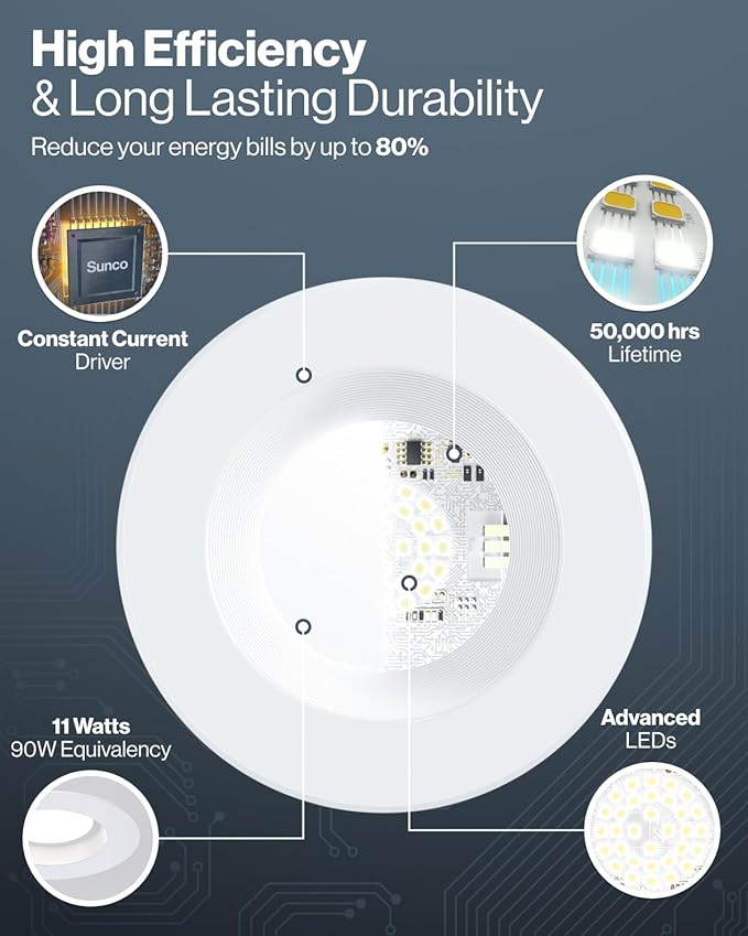 Sunco 10 Pack 4 Inch LED Recessed Lights, Retrofit Can Light for Ceiling, Baffle Trim, 660 LM, 11W (60W Equivalent), 6000K Daylight Deluxe, Dimmable, Damp Rated ETL.