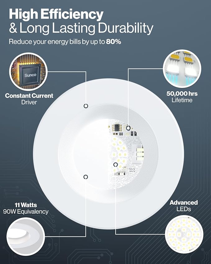 Sunco 4 Inch LED Recessed Lights, Retrofit Can Light for Ceiling, Baffle Trim, 660 LM, 11W (60W Equivalent), 6000K Daylight Deluxe, Dimmable, Damp Rated ETL 4 Pack.